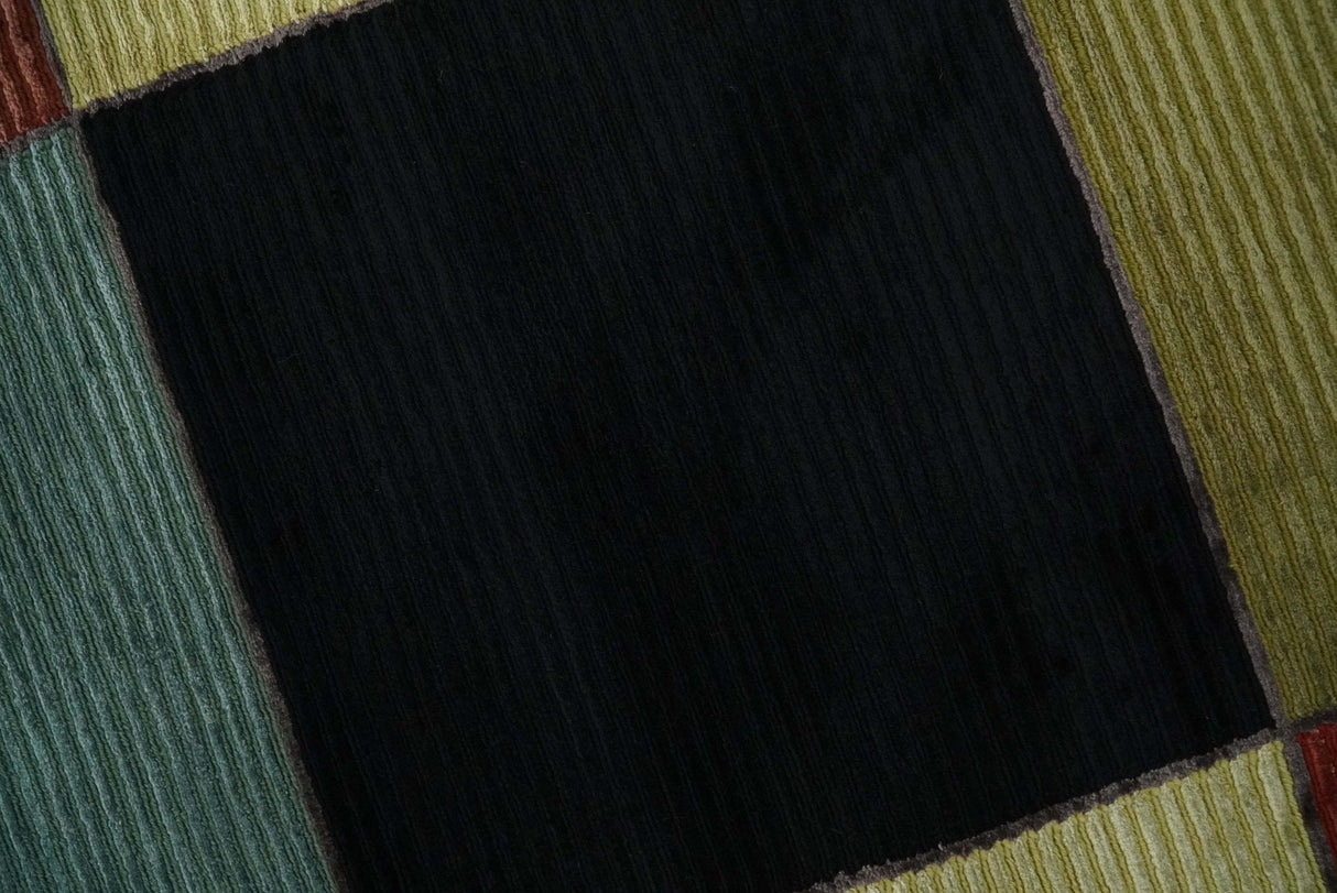 Geometrical Square Shape Black, Olive, Rust and Silver Stripes 5x8 wool and Art Silk rug-Area Rug-Parc Decor