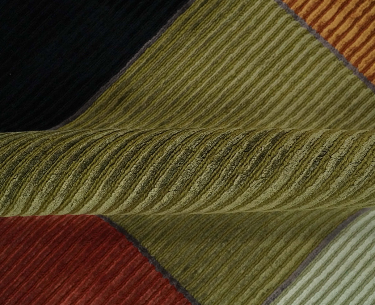 Geometrical Square Shape Black, Olive, Rust and Silver Stripes 5x8 wool and Art Silk rug-Area Rug-Parc Decor