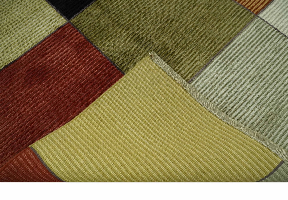 Geometrical Square Shape Black, Olive, Rust and Silver Stripes 5x8 wool and Art Silk rug-Area Rug-Parc Decor