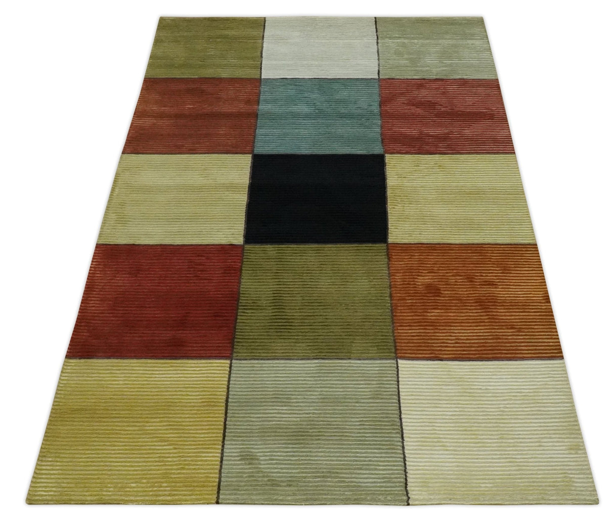 Geometrical Square Shape Black, Olive, Rust and Silver Stripes 5x8 wool and Art Silk rug-Area Rug-Parc Decor