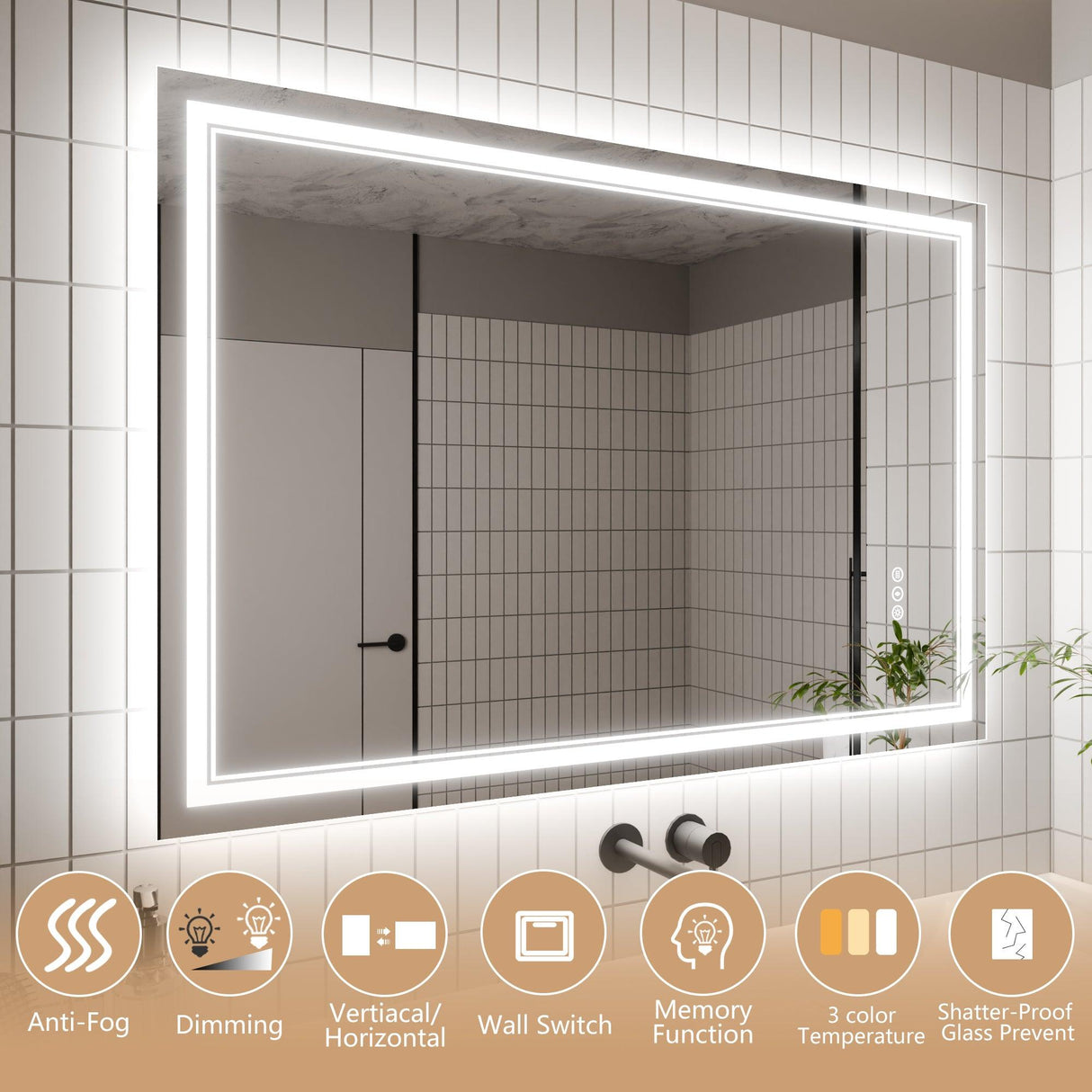 GlareGuard Anti-Fog Bathroom Dimmable Led Mirror Backlit Illuminated Mirror Touch Switch-镜子-Parc Decor