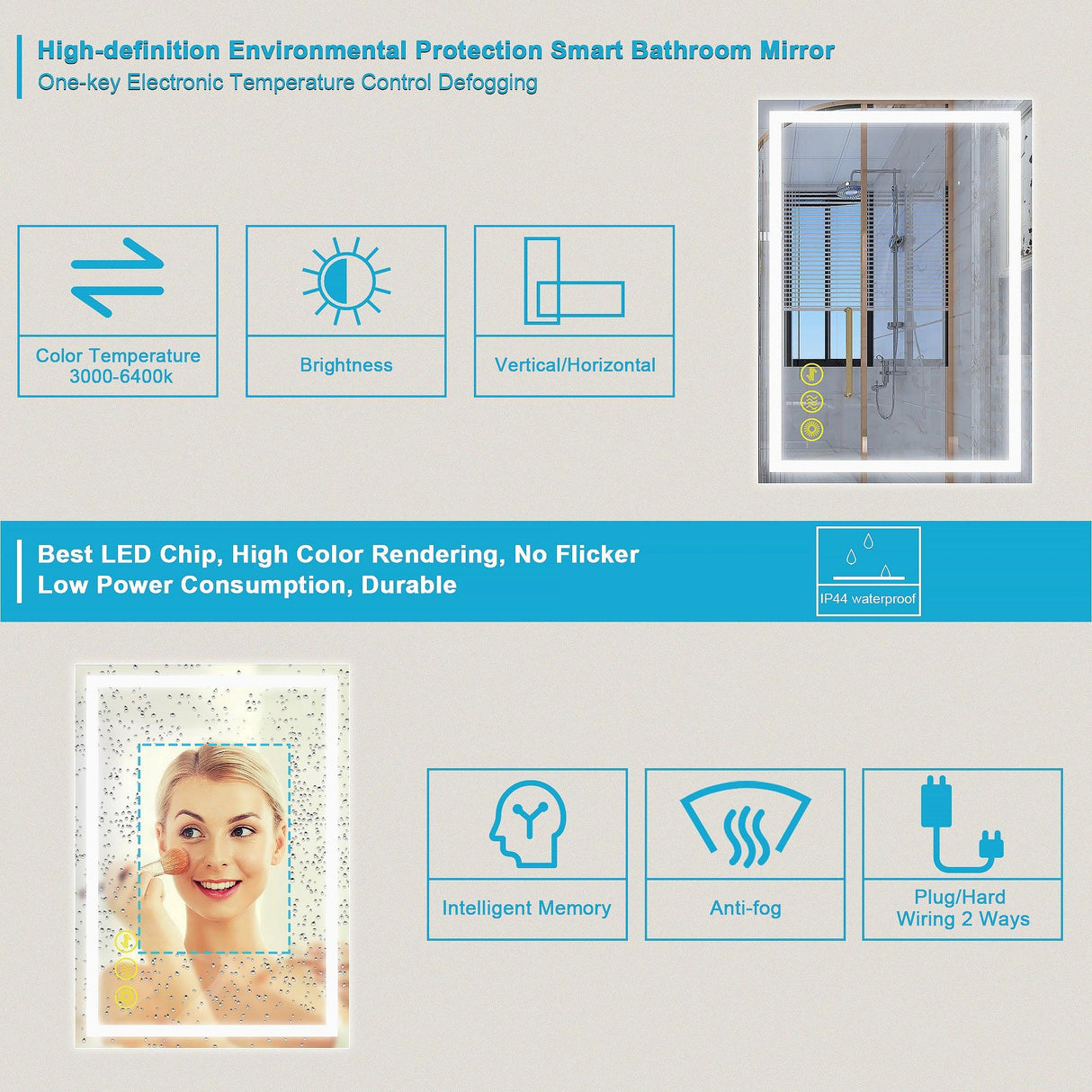 GlareGuard Anti-Fog Bathroom Led Mirror Backlit Illuminated Mirror Touch Switch Dimmable-镜子-Parc Decor