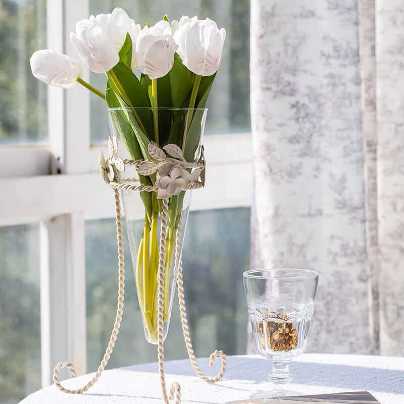 Glass Vase with Antique Floral Metal Stand-vase-Parc Decor