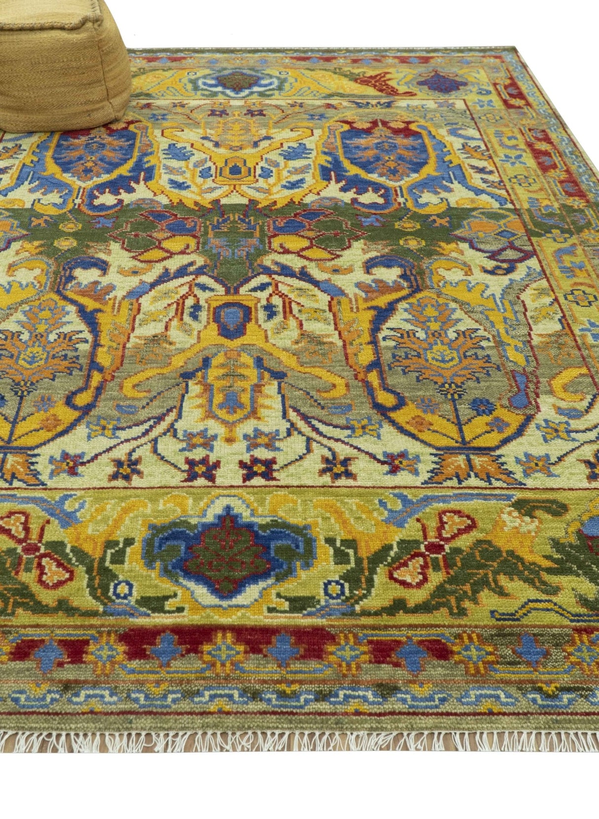 Gold, Blue And Green Transitional Hand Knotted Custom Made wool area rug