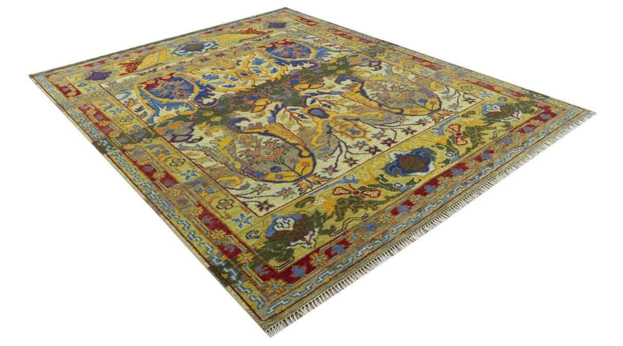 Gold, Blue And Green Transitional Hand Knotted Custom Made wool area rug
