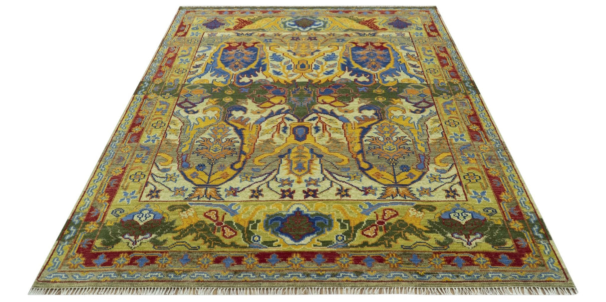 Gold, Blue And Green Transitional Hand Knotted Custom Made wool area rug