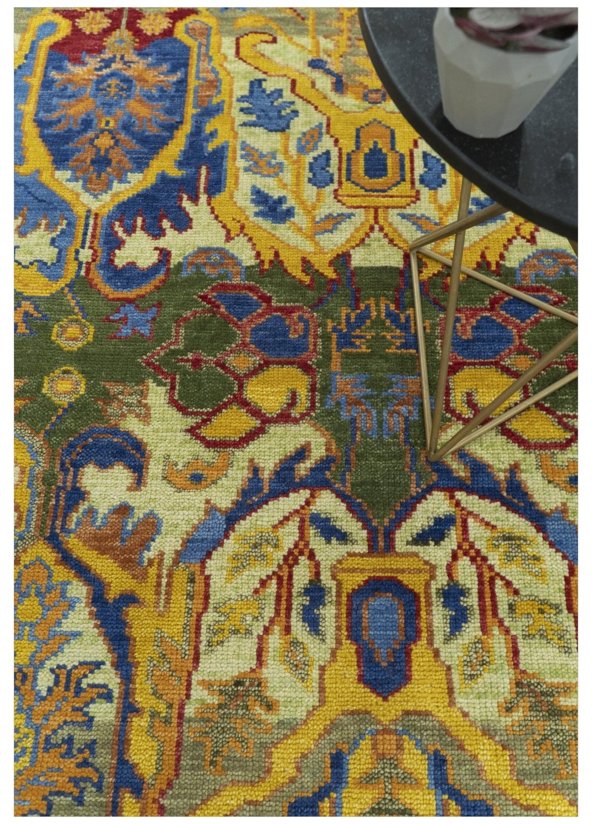 Gold, Blue And Green Transitional Hand Knotted Custom Made wool area rug