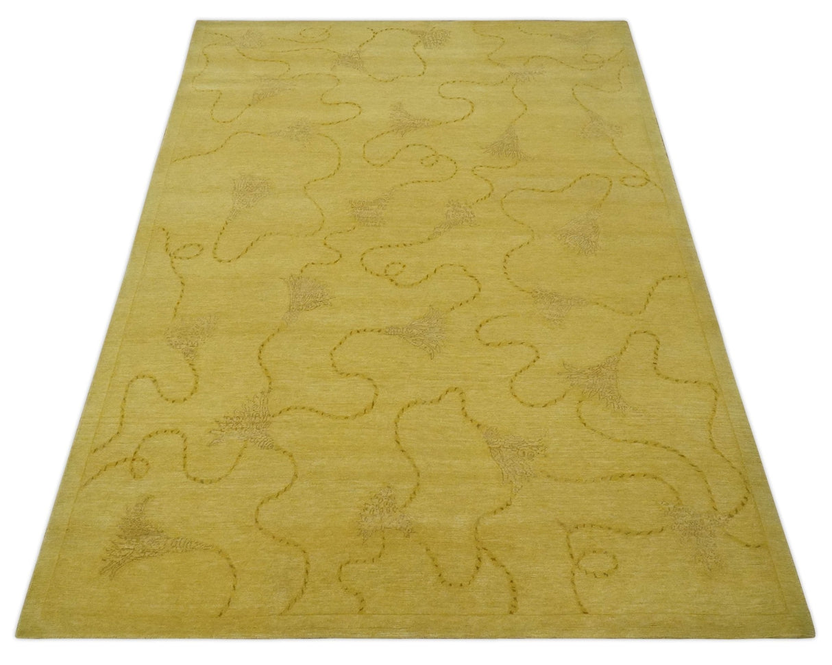 Gold Hand knotted contemporary 6x9 wool And Art Silk Area Rug-Area Rug-Parc Decor