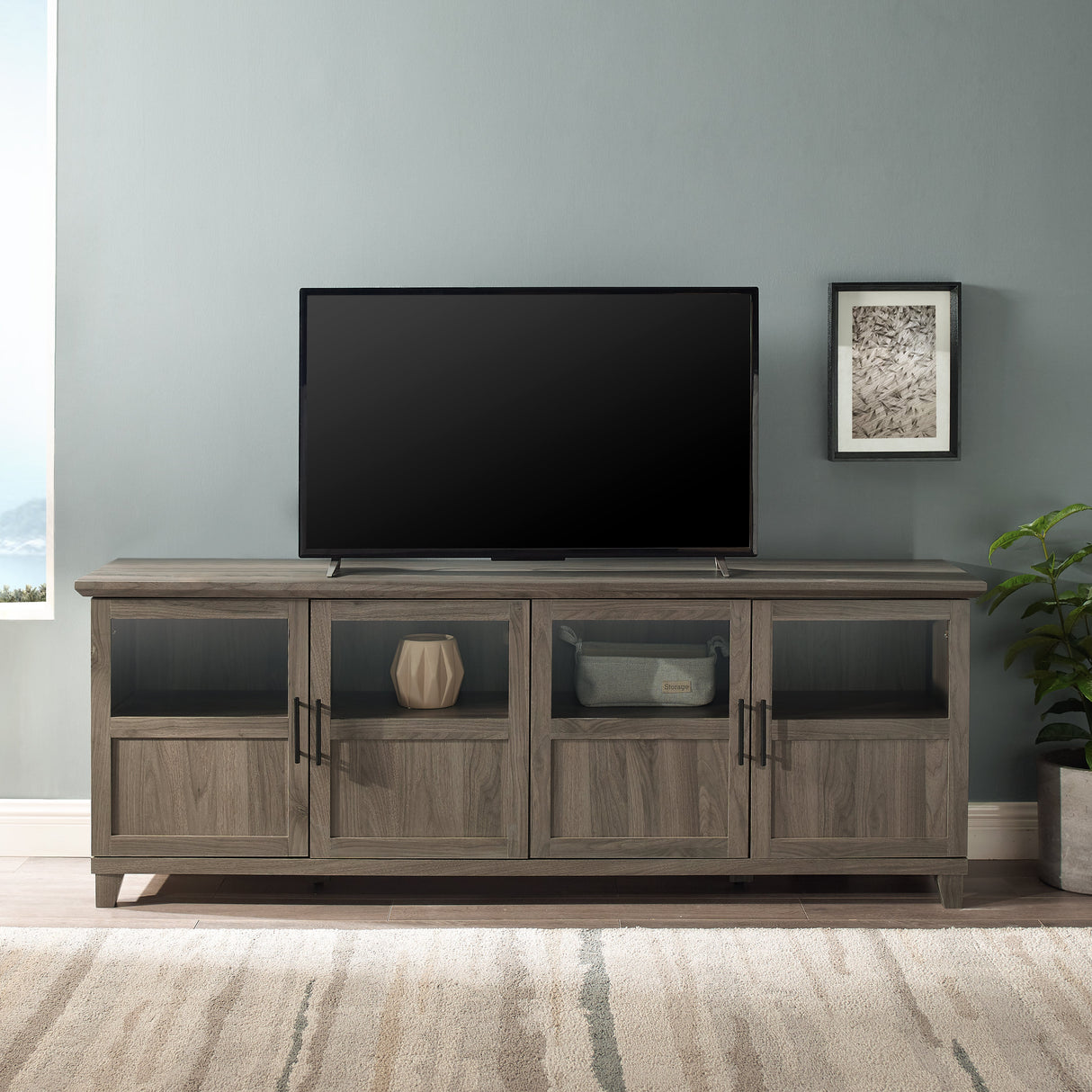 Goodwin 70" TV Stand with Glass and Wood 4 Panel Doors-Entertainment-Parc Decor