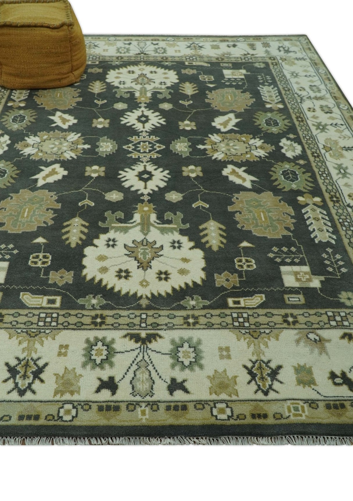 Gray And Beige Oushak Hand Knotted Custom Made Wool Rug