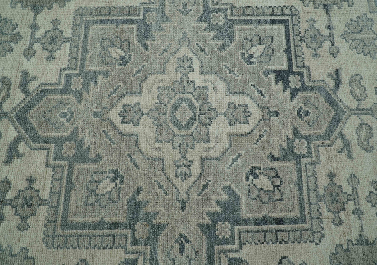 Gray And Beige Turkish Design Hand Knotted Custom Made Wool And Linen Rug