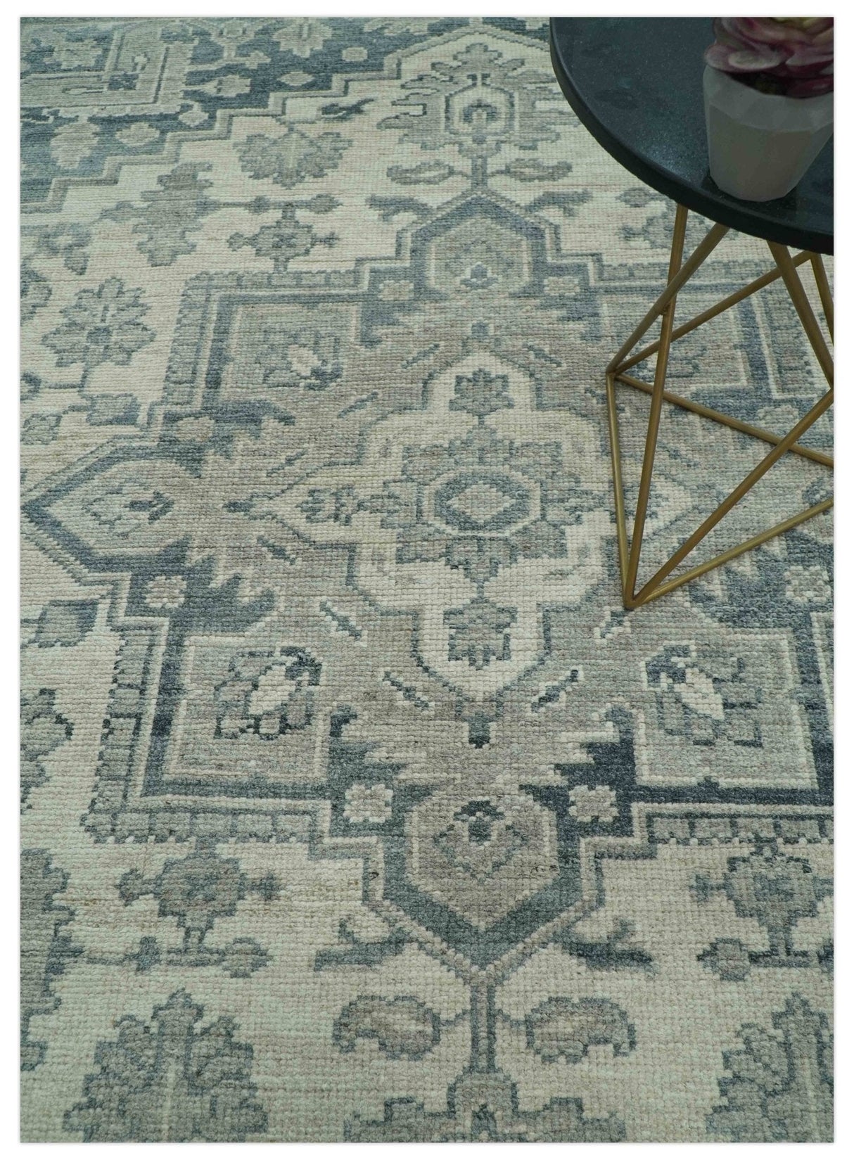 Gray And Beige Turkish Design Hand Knotted Custom Made Wool And Linen Rug