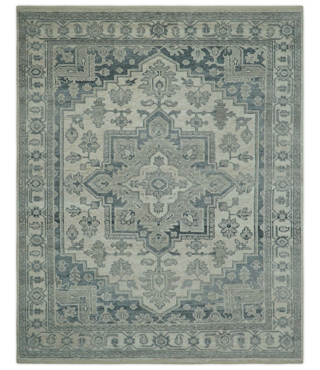 Gray And Beige Turkish Design Hand Knotted Custom Made Wool And Linen Rug