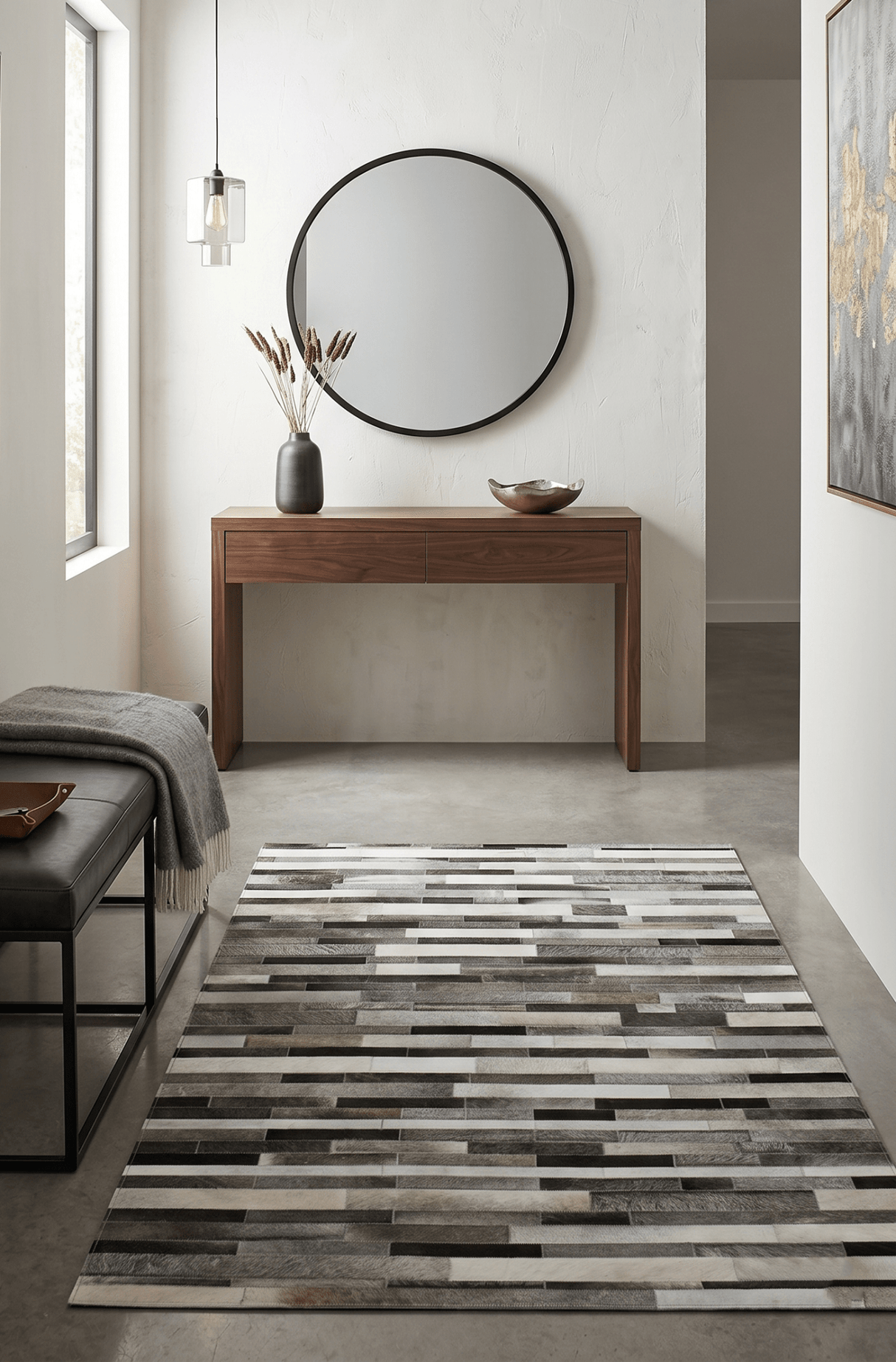 Gray and Silver Handmade 5x8 Stripe Design Leather Area Rug
