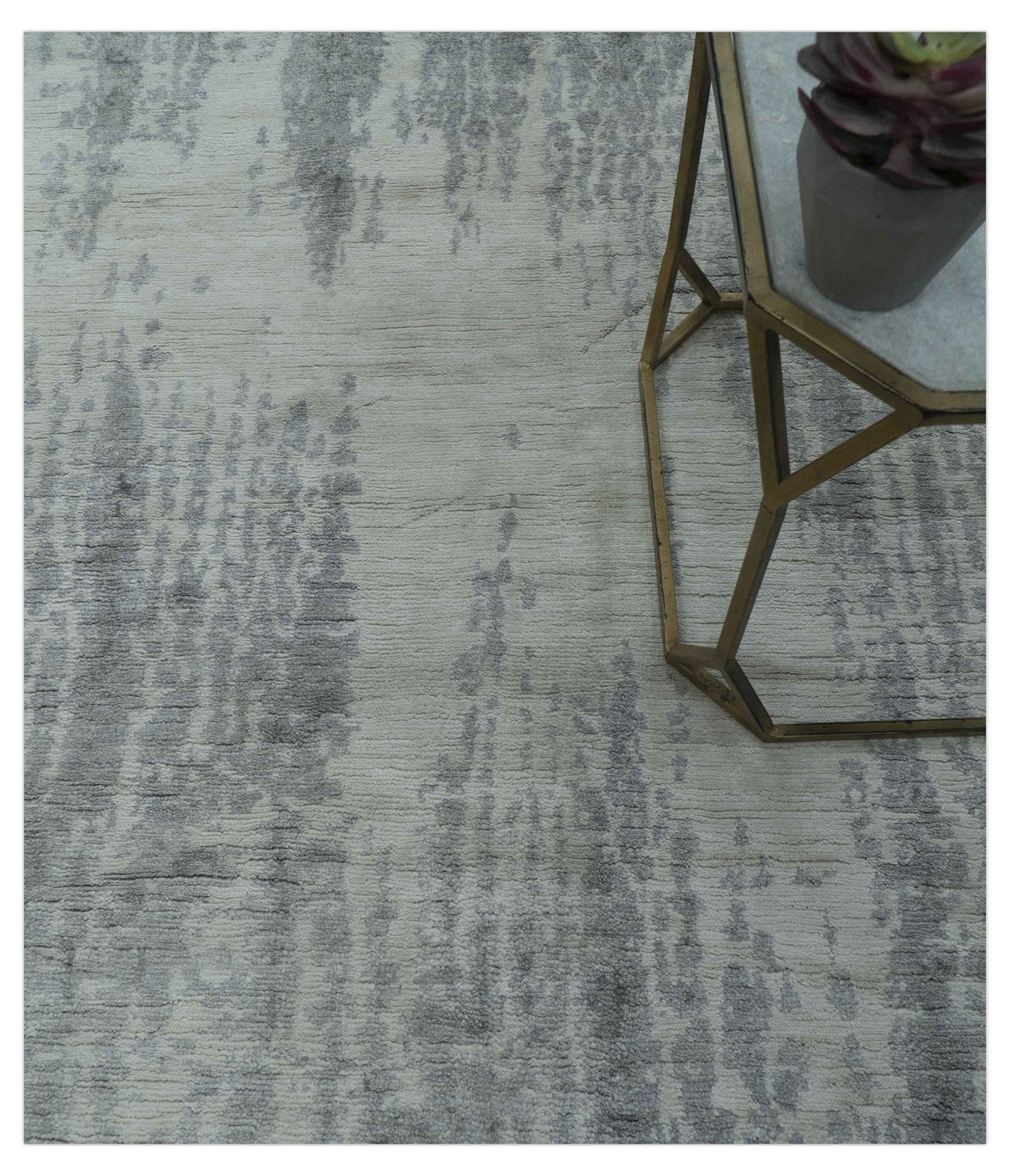 Gray And Silver Modern Abstract Design Hand Knotted Bamboo Silk Area Rug