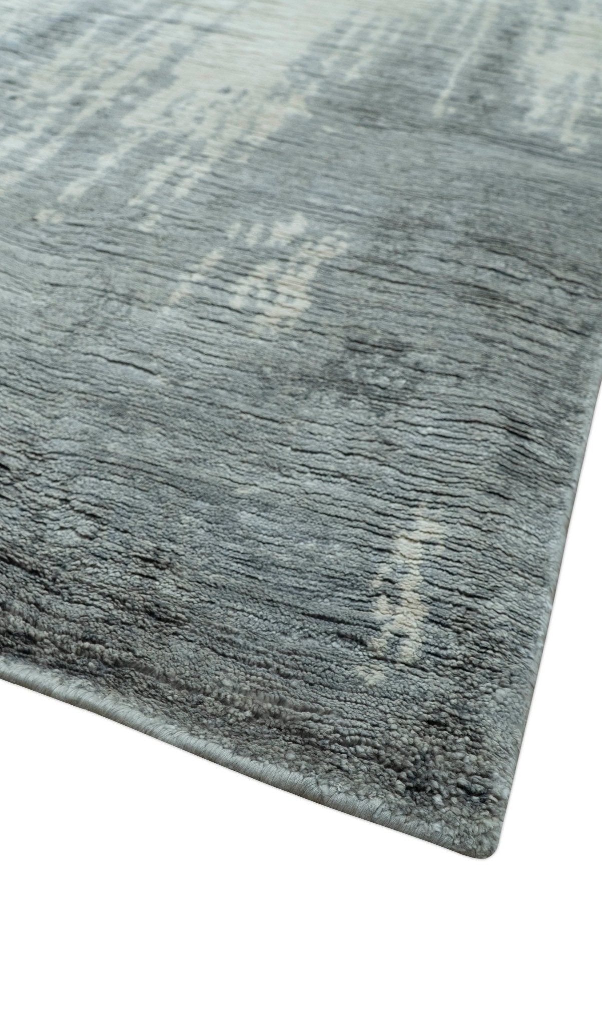 Gray And Silver Modern Abstract Design Hand Knotted Bamboo Silk Area Rug