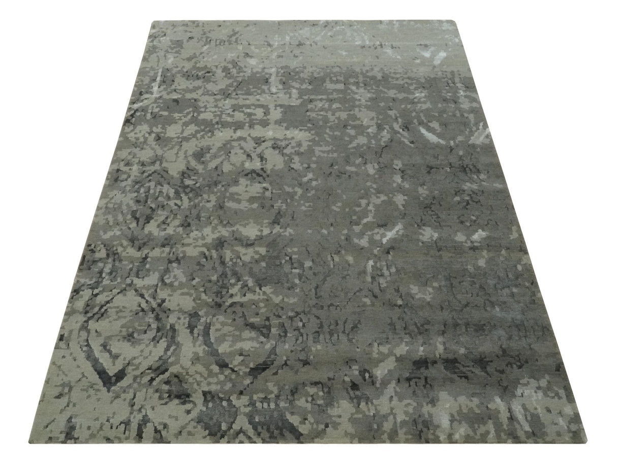 Gray and Silver Modern Abstract Hand knotted 6x9 Wool and Art Silk Area Rug-Area Rug-Parc Decor