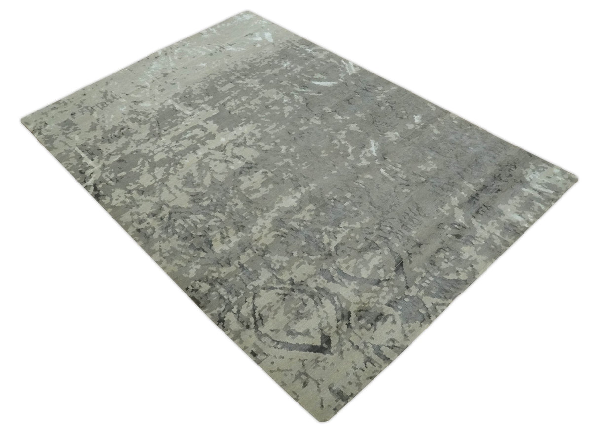 Gray and Silver Modern Abstract Hand knotted 6x9 Wool and Art Silk Area Rug-Area Rug-Parc Decor