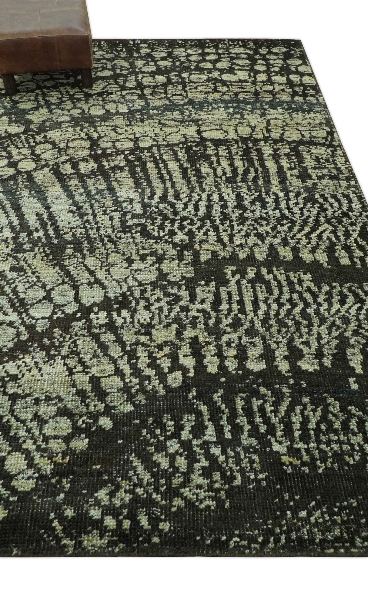 Green and Olive Modern Abstract 5x8 Hand knotted wool area Rug