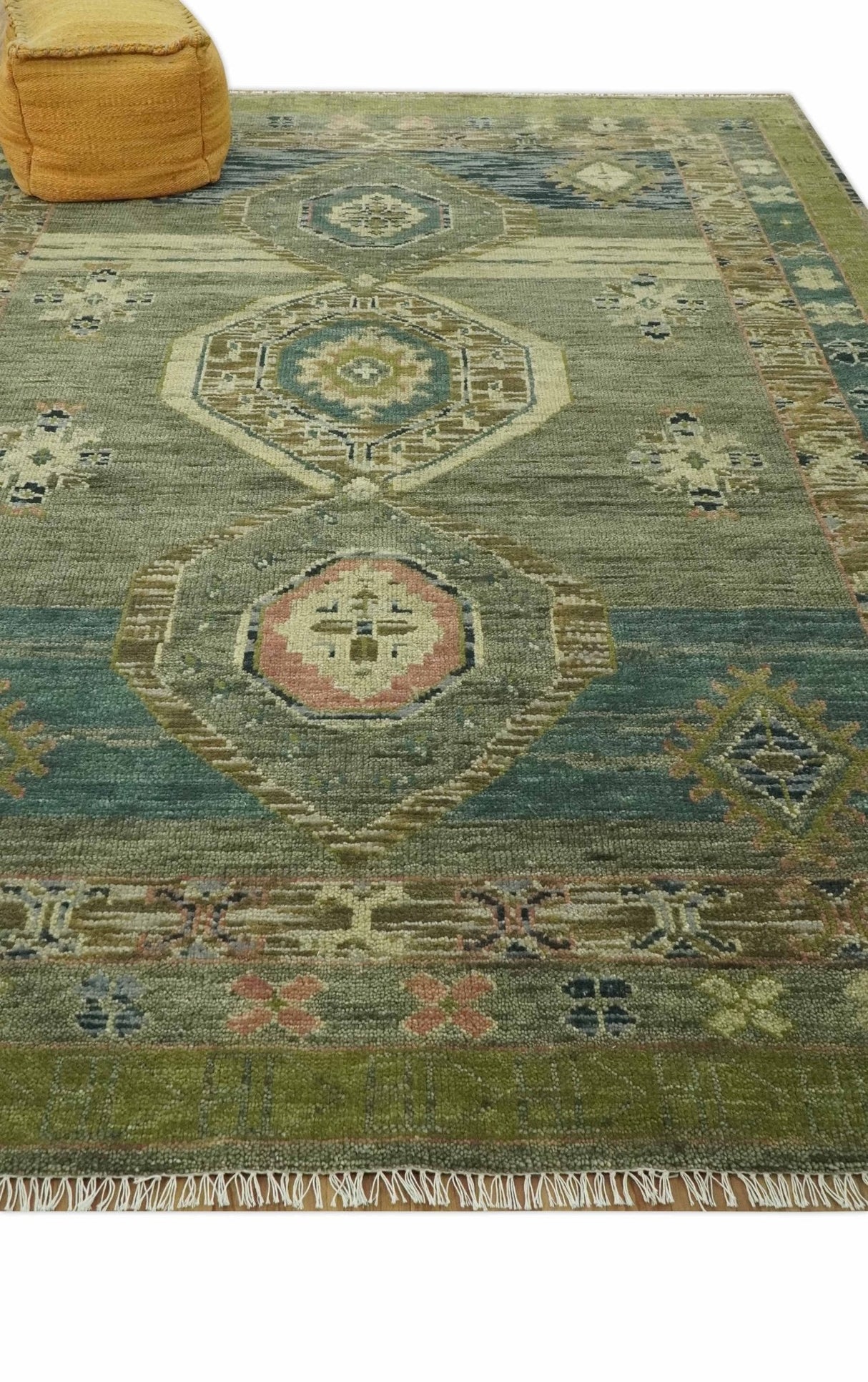 Green and Teal Traditional Hand Knotted Custom Made wool area rug