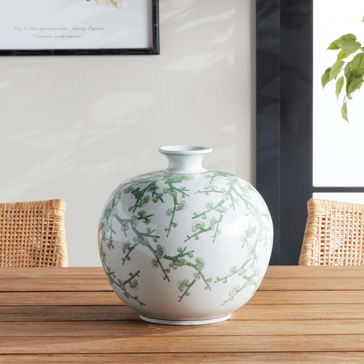 Green and White Botanical Chinoiserie Porcelain Vase-vase-Parc Decor