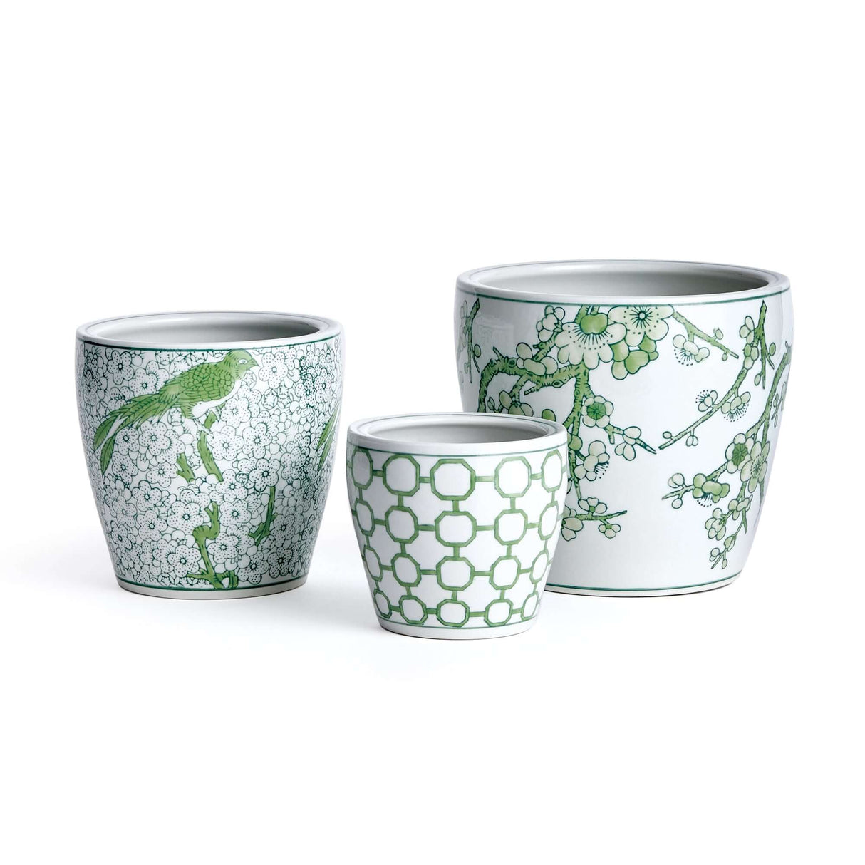 Green and White Chinoiserie Ceramic Planters (Set of 3)-Planter-Parc Decor