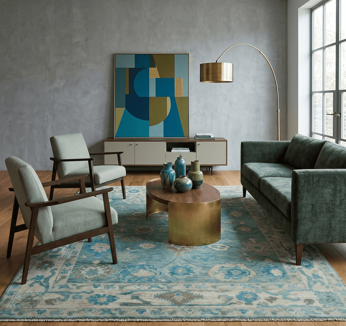 Green, Beige and Blue Hand knotted Traditional Oushak Multi Size Wool Area Rug