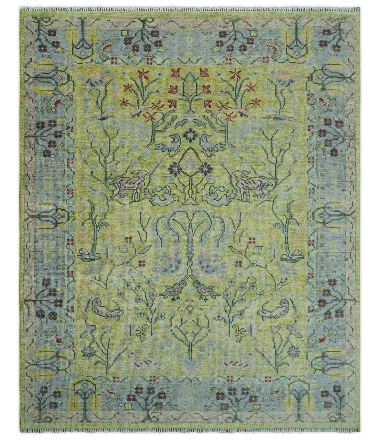 Green, Blue And Red Plant and Branches Hand Knotted Custom Made wool area rug