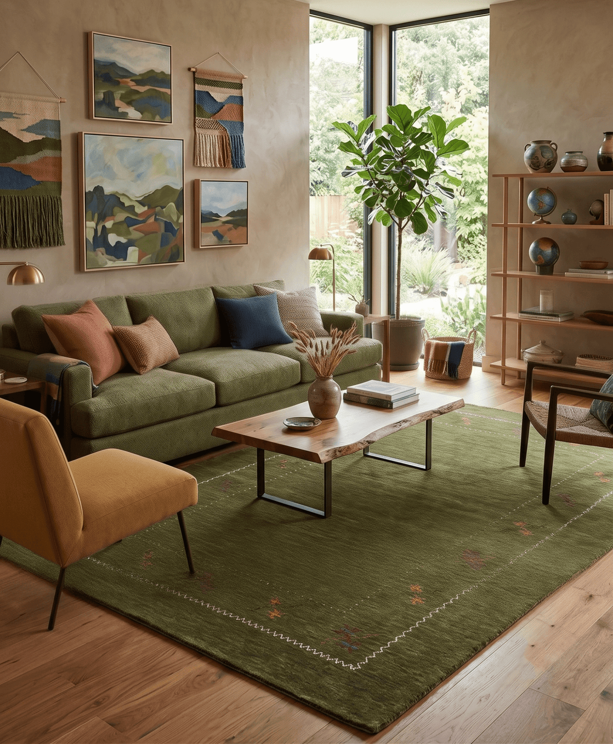 Green Modern Gabbeh Border Design Hand Loomed Wool Area Rug