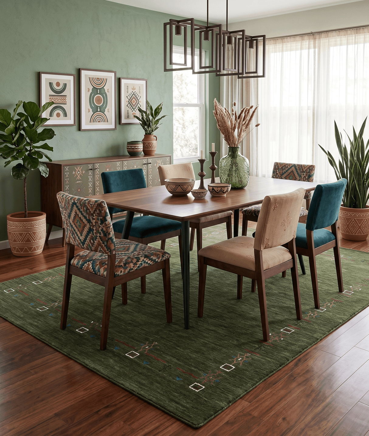 Green Tribal Border Design Hand Loomed Wool Area Rug