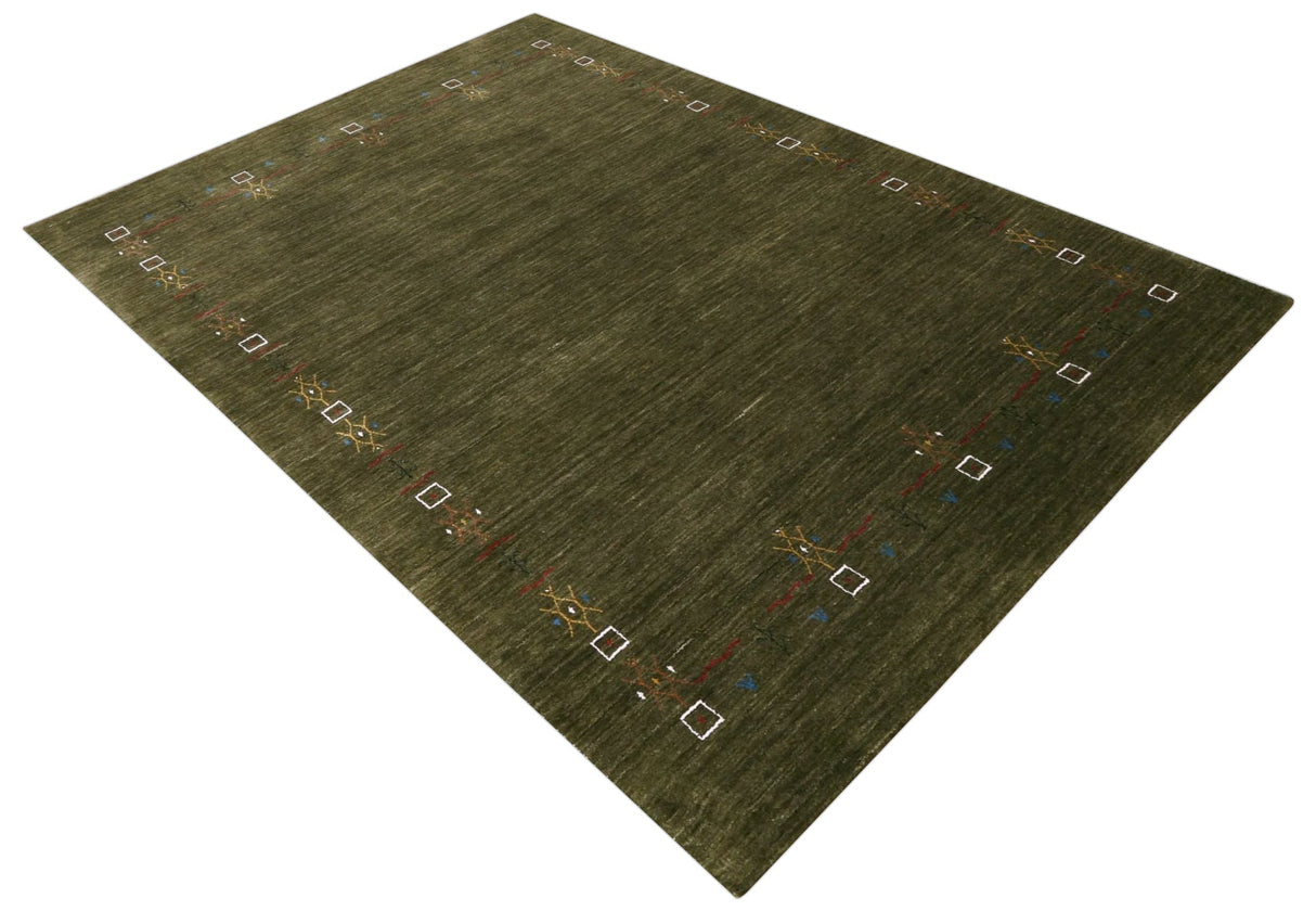 Green Tribal Border Design Hand Loomed Wool Area Rug