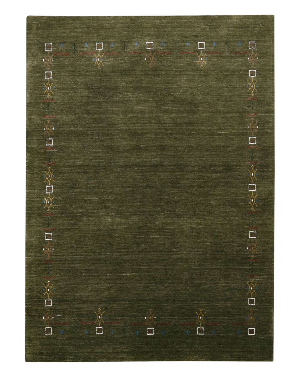 Green Tribal Border Design Hand Loomed Wool Area Rug
