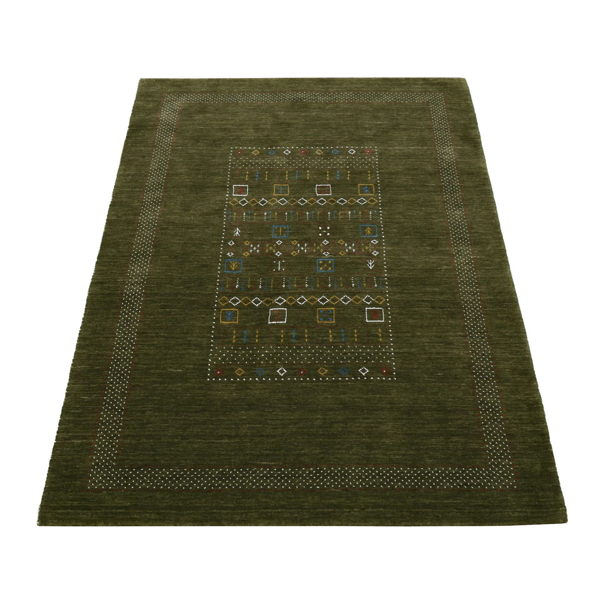 Green Tribal Center Pattern Hand Loomed Wool Area Rug