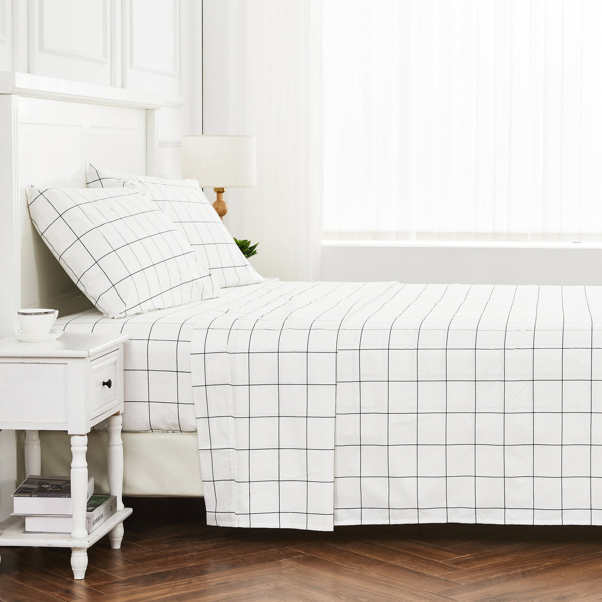Grid Printed Cotton Percale Sheet Set-Bed Sheets-Parc Decor
