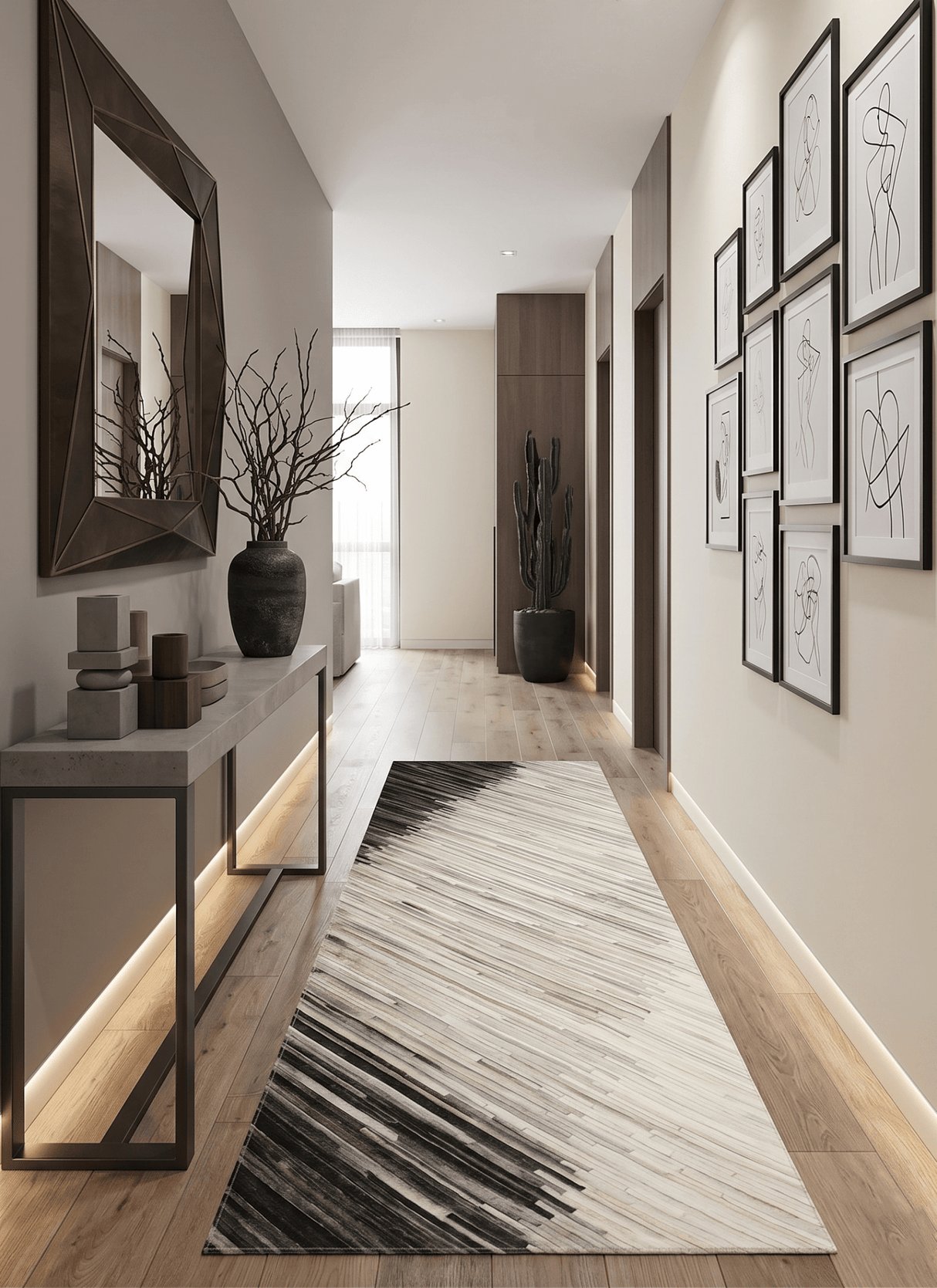 Hairon Leather Stripe Design Handmade Gray and Silver Area Rug, Hand Stitched Genuine Leather Rug