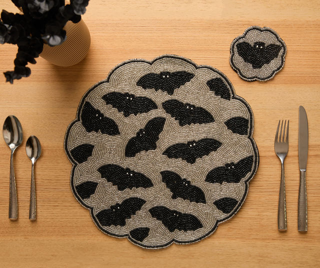 Halloween Bat Beaded Coaster β Handmade Cup Mat with Glass Beads β Gothic Drink Decor β Velvet Backing β Spooky Fall Table Accent-Table tops-Parc Decor