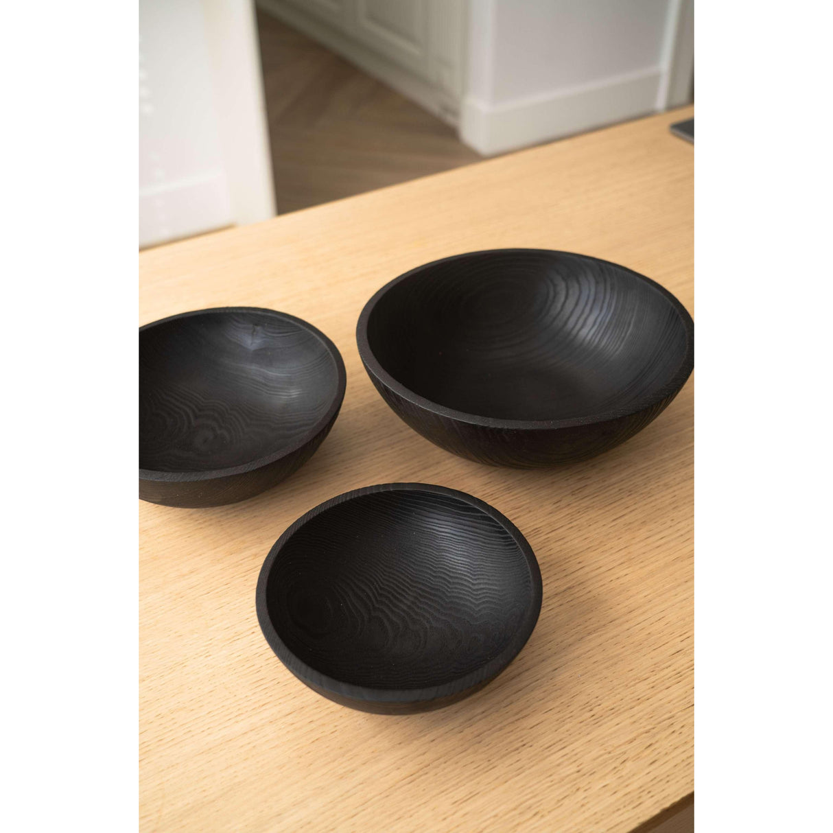 Hand Carved Charred Wooden Salad Bowl Set