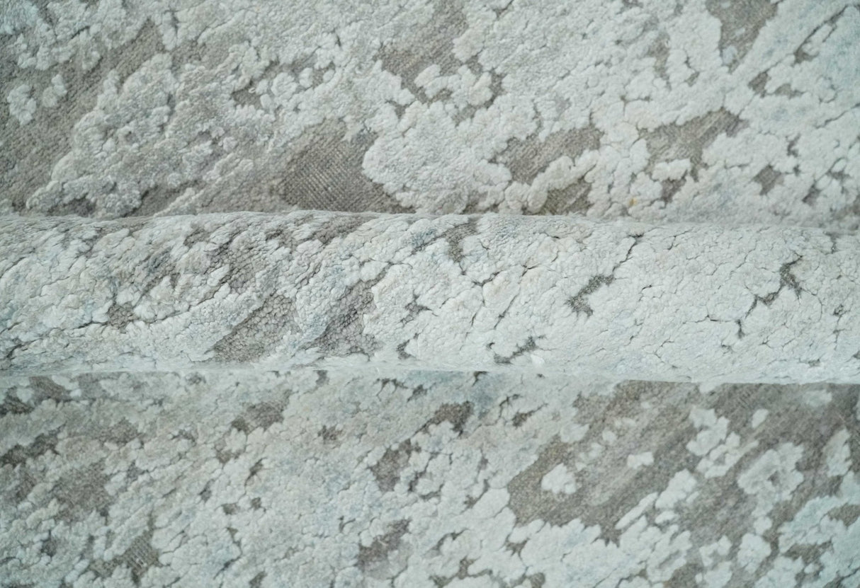 Hand Carved Texture Modern abstract Silver and Gray Hand Knotted 8x10 wool and Art Silk Area Rug-Area Rug-Parc Decor