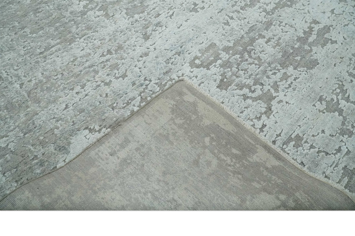 Hand Carved Texture Modern abstract Silver and Gray Hand Knotted 8x10 wool and Art Silk Area Rug-Area Rug-Parc Decor
