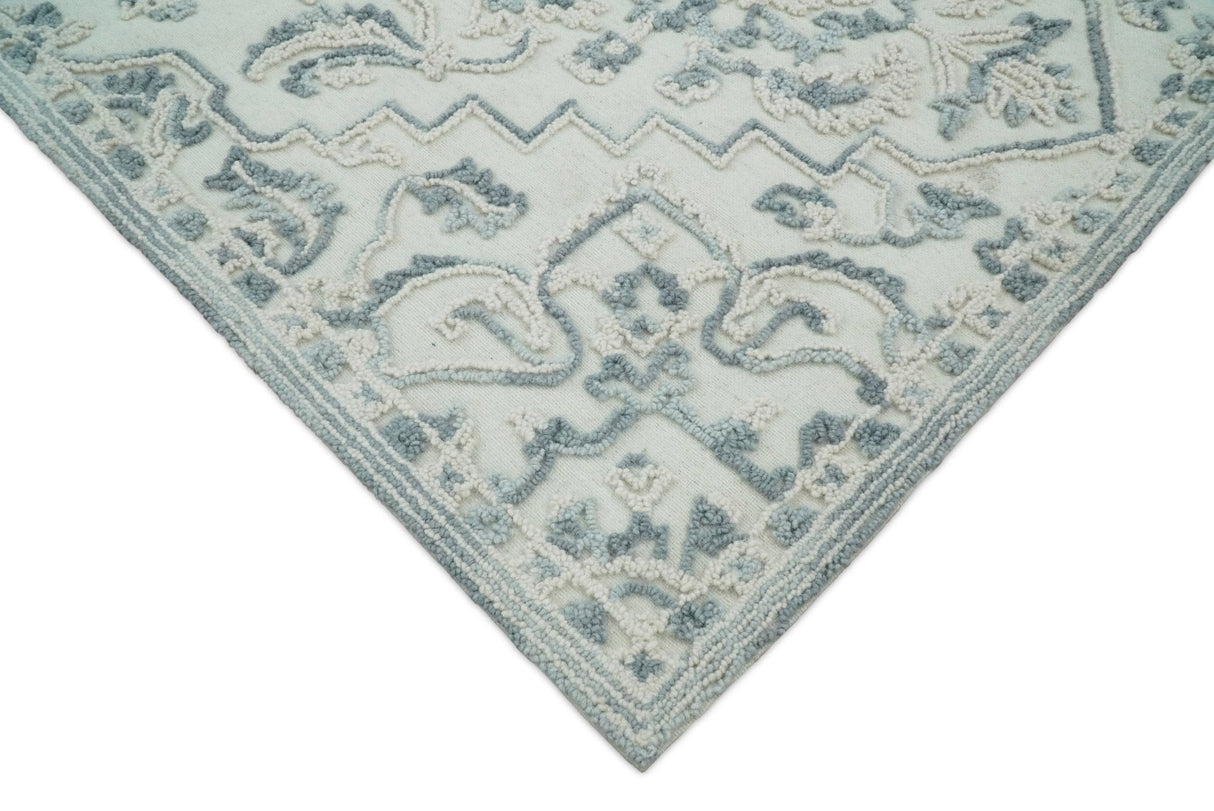 Hand Hooked 5x8 Blue, Silver and White Wool Textured Loop Area Rug | GAR7-Area Rug-Parc Decor