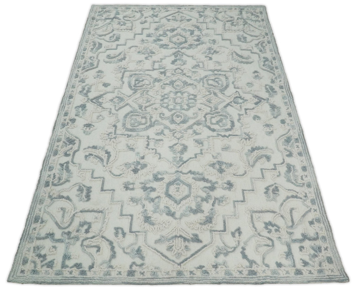 Hand Hooked 5x8 Blue, Silver and White Wool Textured Loop Area Rug | GAR7-Area Rug-Parc Decor