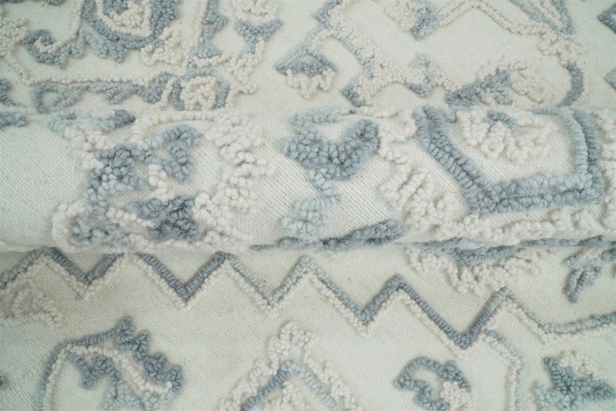 Hand Hooked 5x8 Blue, Silver and White Wool Textured Loop Area Rug | GAR7-Area Rug-Parc Decor