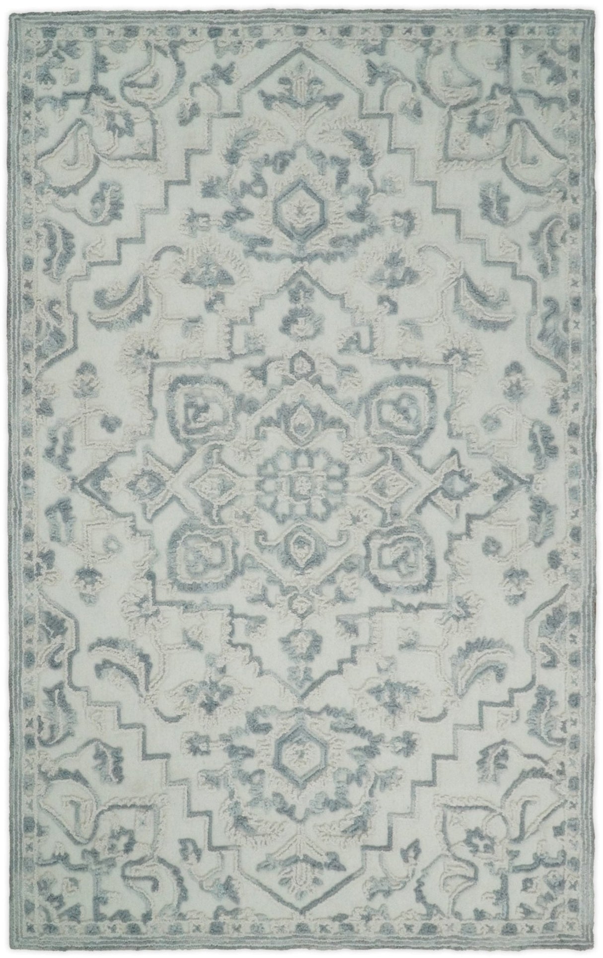 Hand Hooked 5x8 Blue, Silver and White Wool Textured Loop Area Rug | GAR7-Area Rug-Parc Decor
