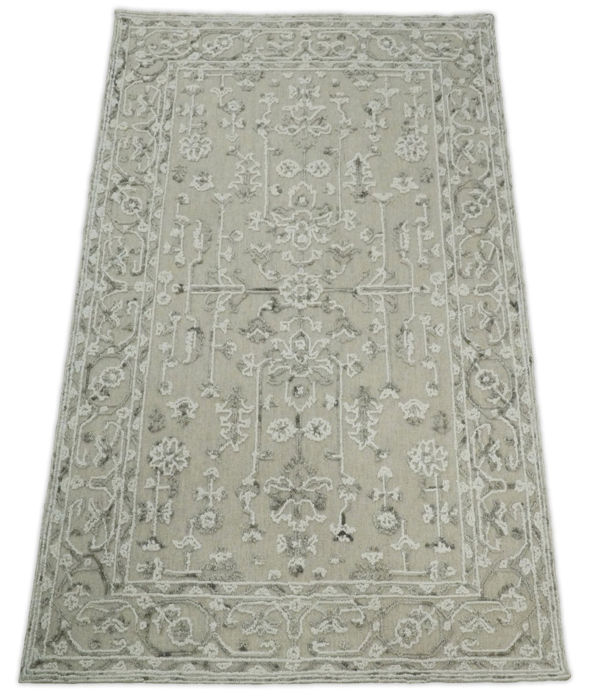 Hand Hooked 5x8 White and Gray Wool Textured Loop Area Rug | GAR9-Area Rug-Parc Decor