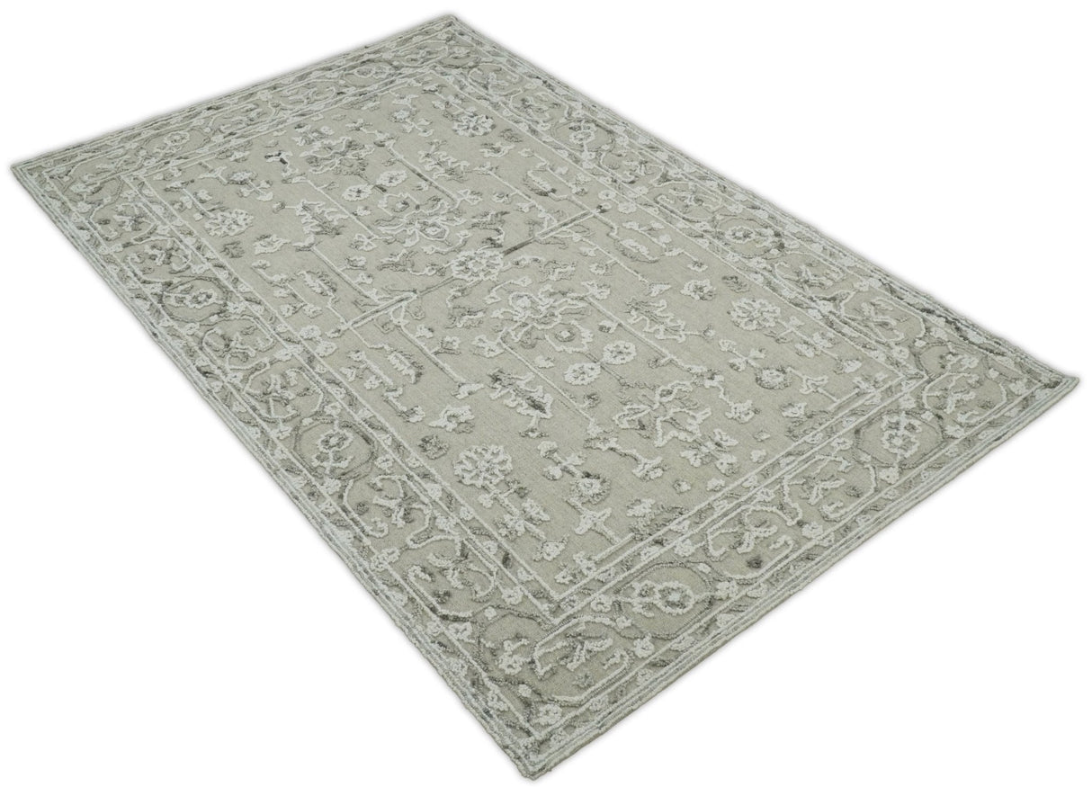 Hand Hooked 5x8 White and Gray Wool Textured Loop Area Rug | GAR9-Area Rug-Parc Decor