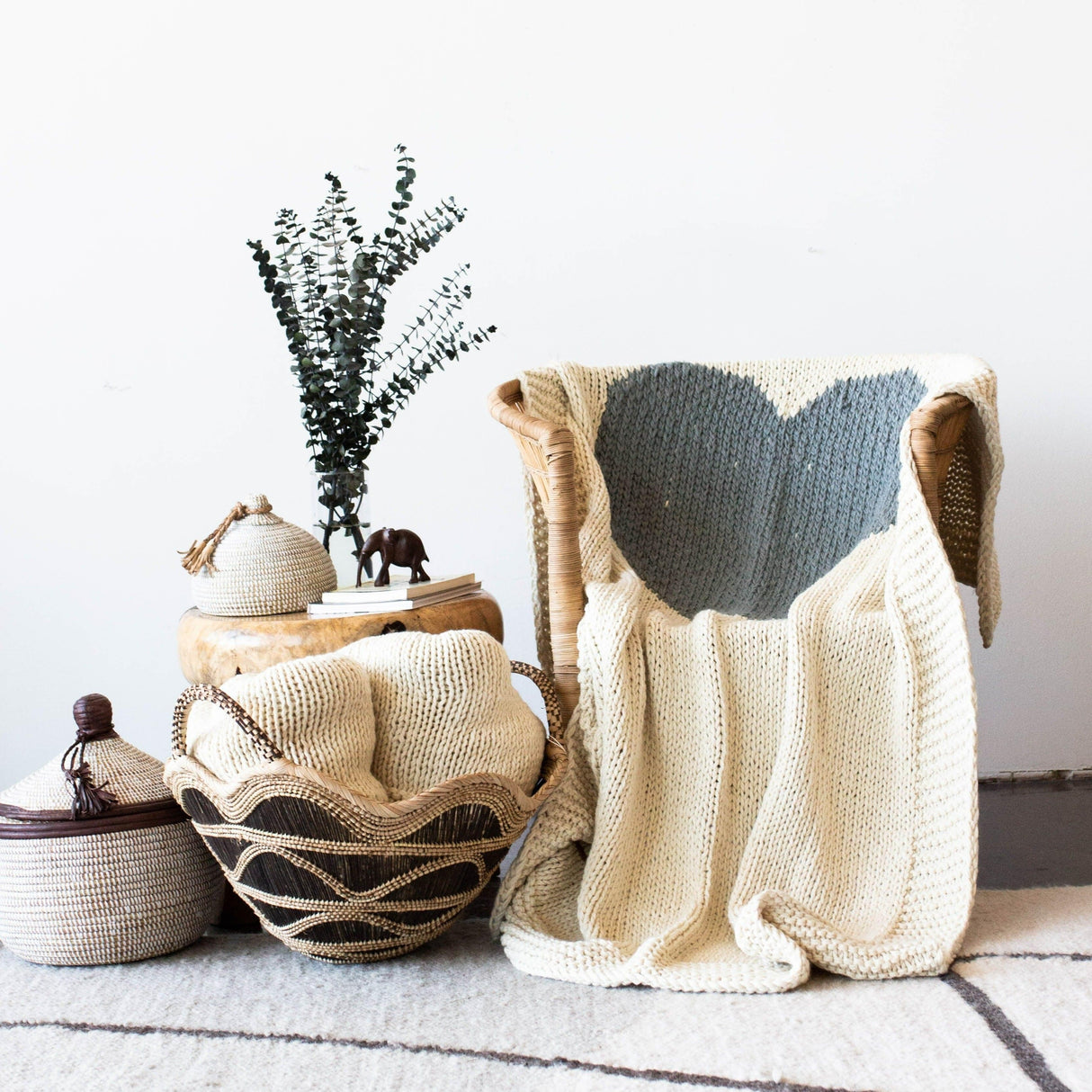 Hand-Knitted Merino Wool Heart Throw Blanket-Throw Pillows & Blankets-Parc Decor