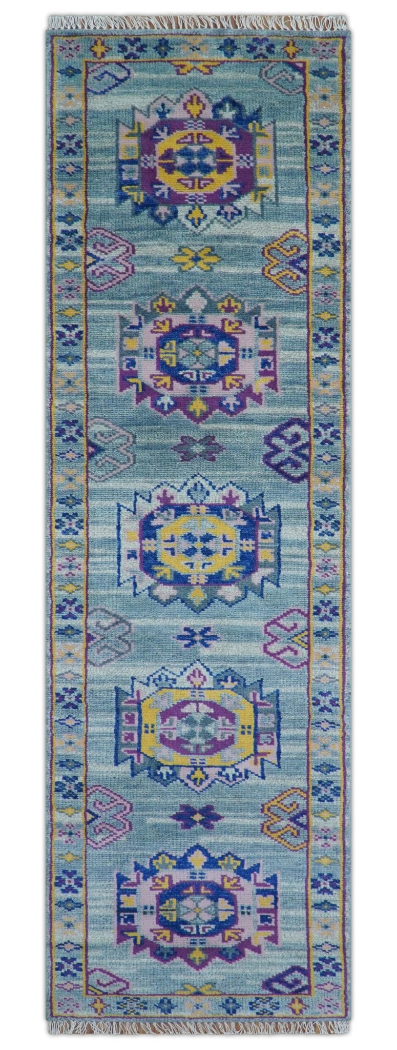 Hand knotted 2.6x10 Purple and Blue transitional geometrical Design Wool Area Rug