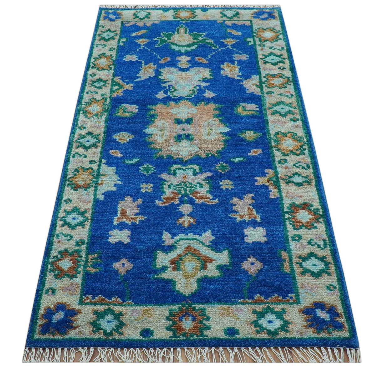 Hand knotted 2.6x6 Blue Traditional Oushak Design Wool Area Rug
