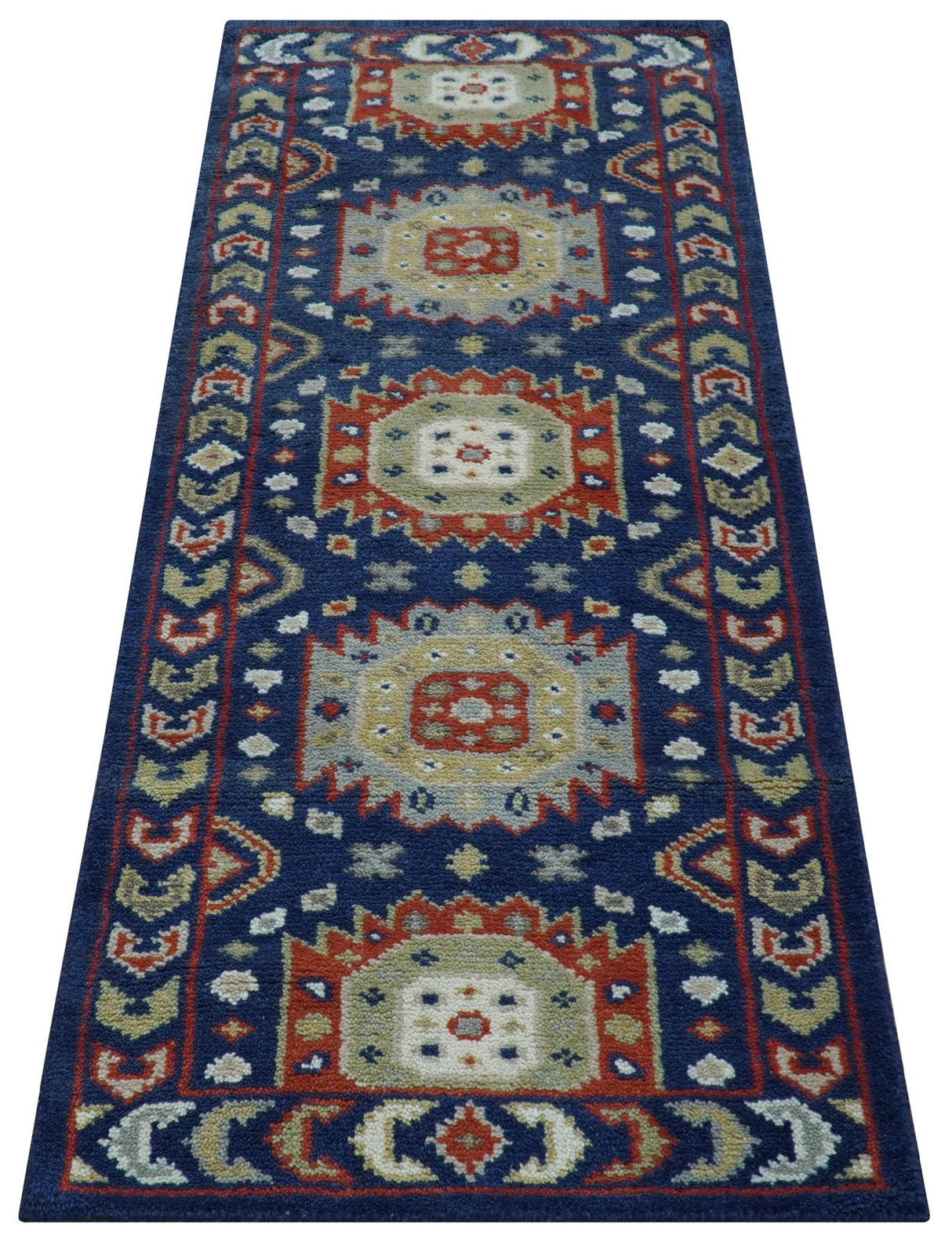Hand Knotted 2.6x6 Traditional Blue And Rust Wool Runner Rug