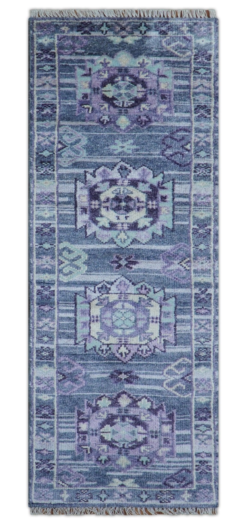 Hand knotted 2.6x8 Purple transitional geometrical Design Wool Area Rug